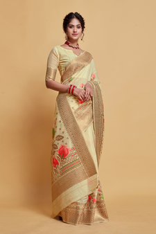 Chiku Printed Silk Blend Saree With Blouse
