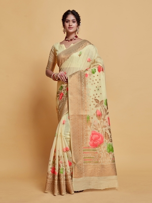 Chiku Printed Silk Blend Saree With Blouse 5