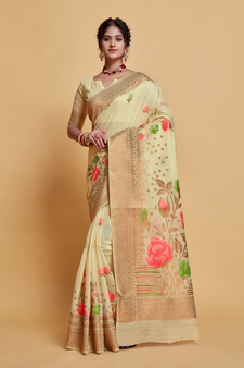 Chiku Printed Silk Blend Saree With Blouse