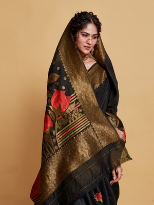 Black Printed Art Silk Saree With Blouse 2
