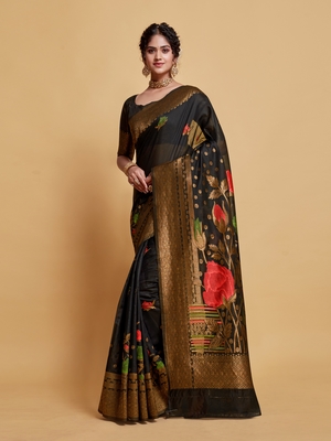 Black Printed Art Silk Saree With Blouse 1