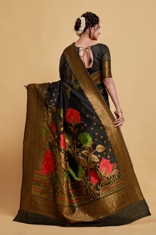 Black Printed Art Silk Saree With Blouse