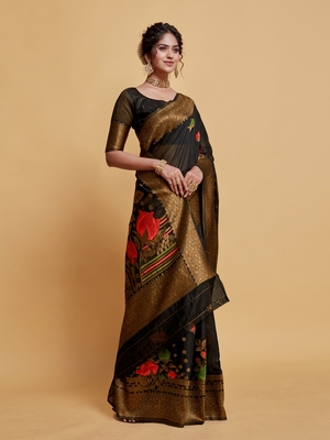 Black Printed Art Silk Saree With Blouse 4