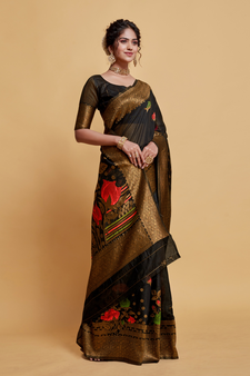 Black Printed Art Silk Saree With Blouse