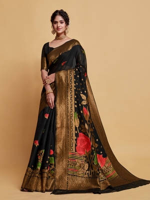 Black Printed Art Silk Saree With Blouse 5