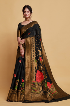 Black Printed Art Silk Saree With Blouse