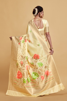 Off White Printed Silk Blend Saree With Blouse