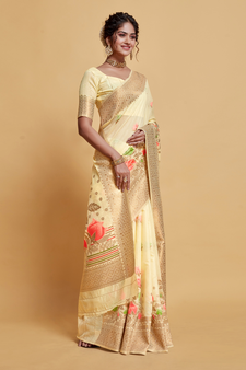 Off White Printed Silk Blend Saree With Blouse