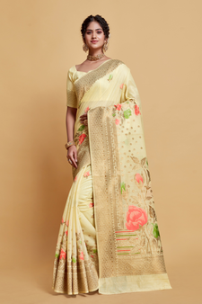 Off White Printed Silk Blend Saree With Blouse