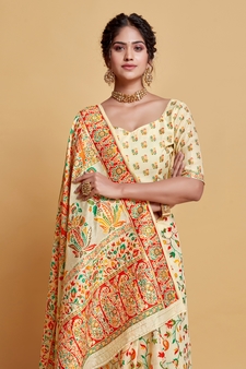 Chiku Printed Silk Blend Saree With Blouse