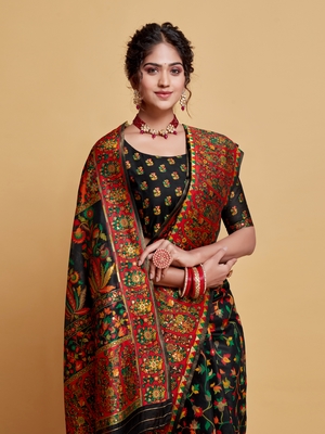 Black Printed Silk Blend Saree With Blouse 1