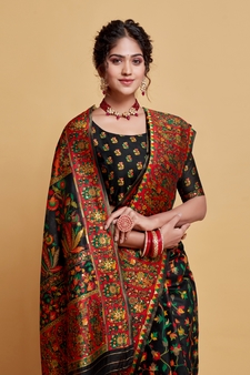 Black Printed Silk Blend Saree With Blouse