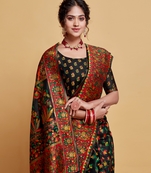 Black Printed Silk Blend Saree With Blouse