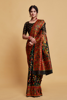 Black Printed Silk Blend Saree With Blouse