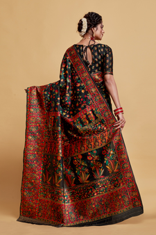 Black Printed Silk Blend Saree With Blouse