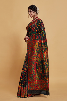 Black Printed Silk Blend Saree With Blouse