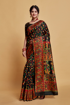 Black Printed Silk Blend Saree With Blouse