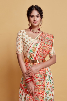 White Printed Silk Blend Saree With Blouse