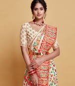 White Printed Silk Blend Saree With Blouse
