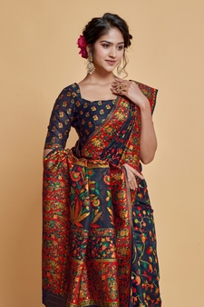 Navy Blue Printed Silk Blend Saree With Blouse