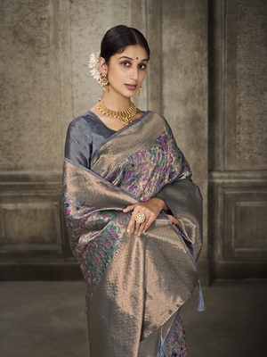 Grey Printed Art Silk Saree With Blouse 1