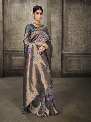 Grey Printed Art Silk Saree With Blouse 2