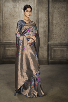 Grey Printed Art Silk Saree With Blouse