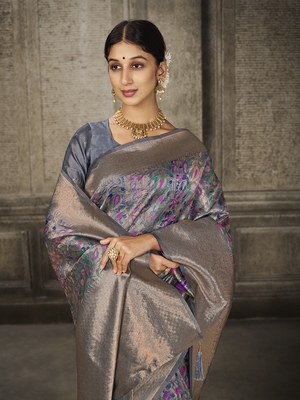 Grey Printed Art Silk Saree With Blouse 3