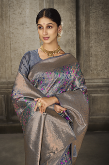 Grey Printed Art Silk Saree With Blouse
