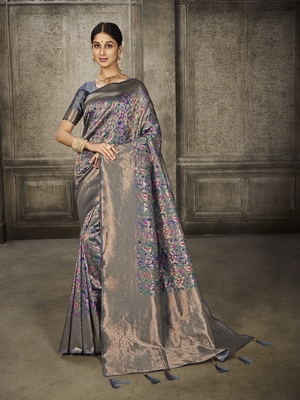 Grey Printed Art Silk Saree With Blouse 4