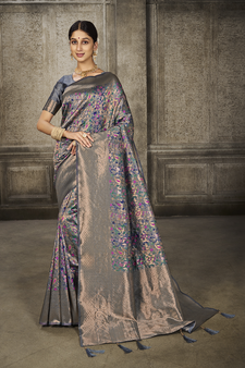 Grey Printed Art Silk Saree With Blouse