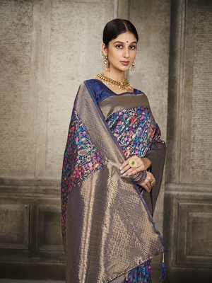 Navy Blue Printed Art Silk Saree With Blouse 1