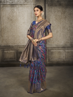 Navy Blue Printed Art Silk Saree With Blouse 2