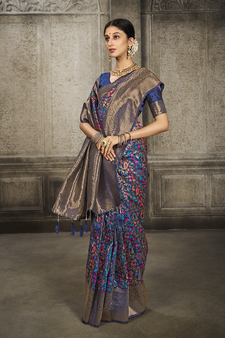 Navy Blue Printed Art Silk Saree With Blouse