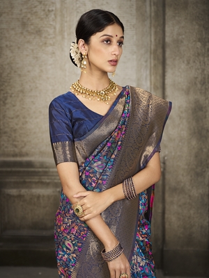 Navy Blue Printed Art Silk Saree With Blouse 3