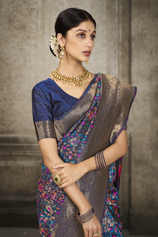 Navy Blue Printed Art Silk Saree With Blouse