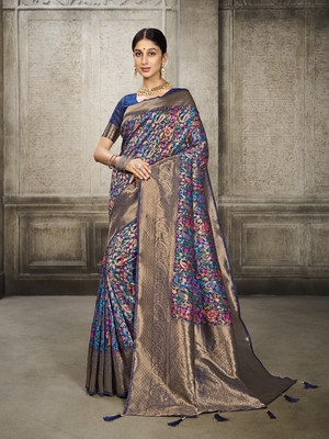 Navy Blue Printed Art Silk Saree With Blouse 4