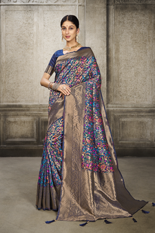 Navy Blue Printed Art Silk Saree With Blouse