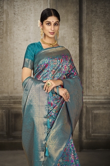 Turquoise Printed Art Silk Saree With Blouse