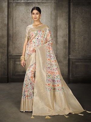 White Printed Art Silk Saree With Blouse 2