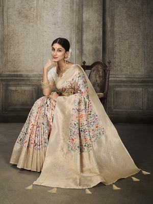 White Printed Art Silk Saree With Blouse 3
