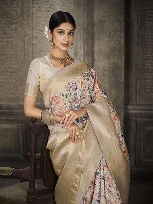 White Printed Art Silk Saree With Blouse 4