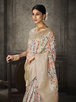White Printed Art Silk Saree With Blouse 5