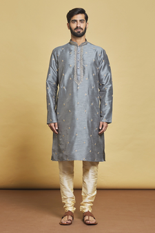 Grey embroidered art silk kurta-pajama