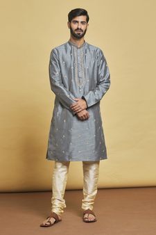 Grey embroidered art silk kurta-pajama