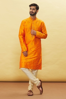 Orange embroidered art silk kurta-pajama