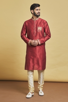 Maroon embroidered art silk kurta-pajama