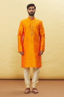 Orange embroidered art silk kurta-pajama
