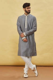 Grey embroidered art silk kurta-pajama