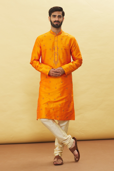 Orange embroidered art silk kurta-pajama